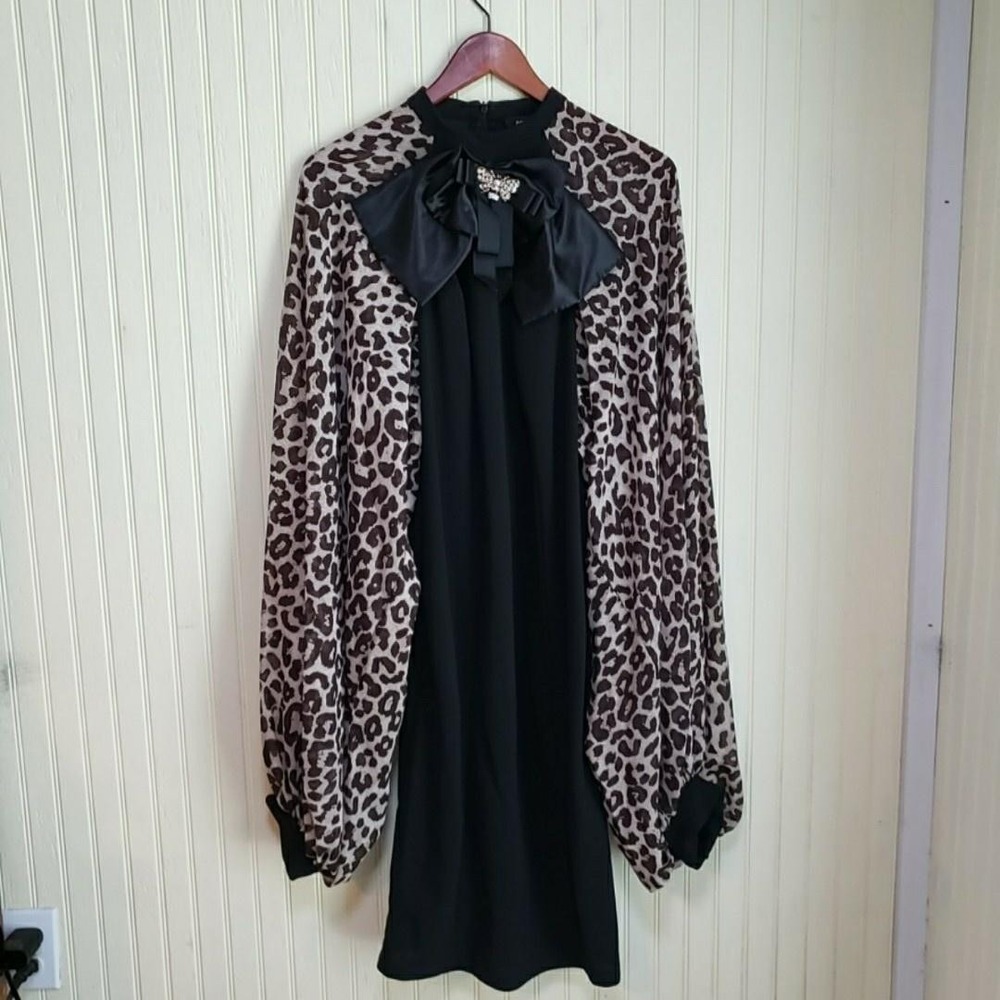 Ashley Stewart Dress Womens 12 Black Leopard Long Sleeve Mock Neck Bow